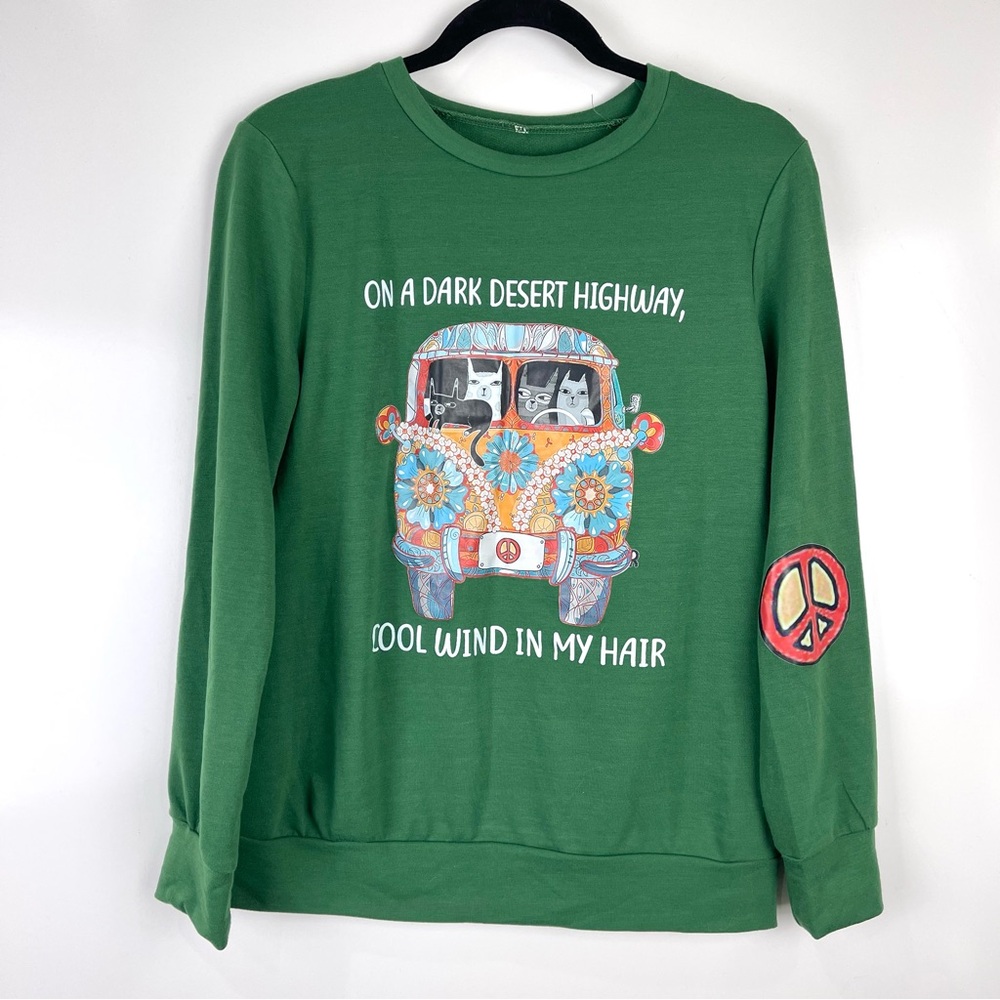 Boho Green Graphic Sweatshirt Cat Lover Van Peace Sign Retro Pullover Medium